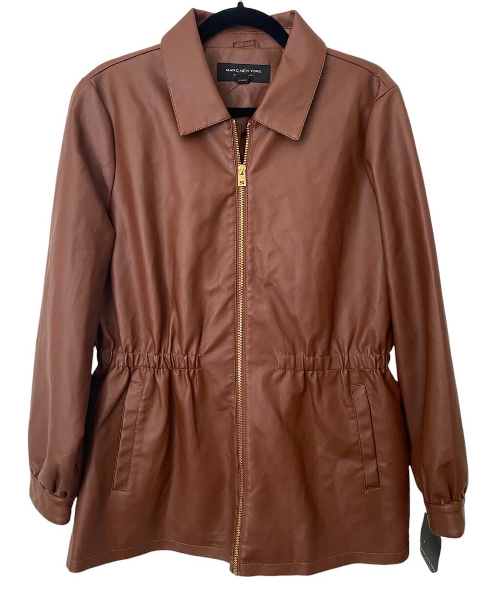 Andrew Marc New York Brown Faux Leather Synched Zip Jacket Large NEW Chic Preppy